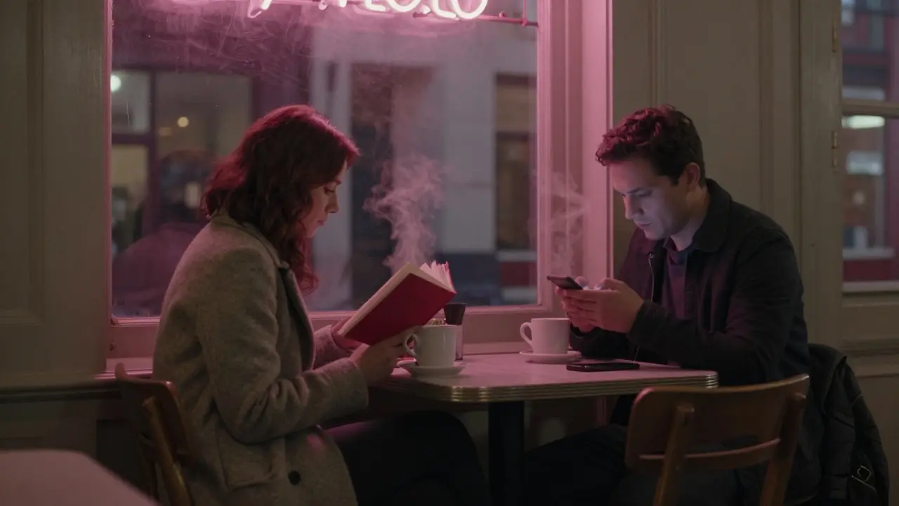 A woman reading in a late-night Soho cafe, softly lit by neon outside.