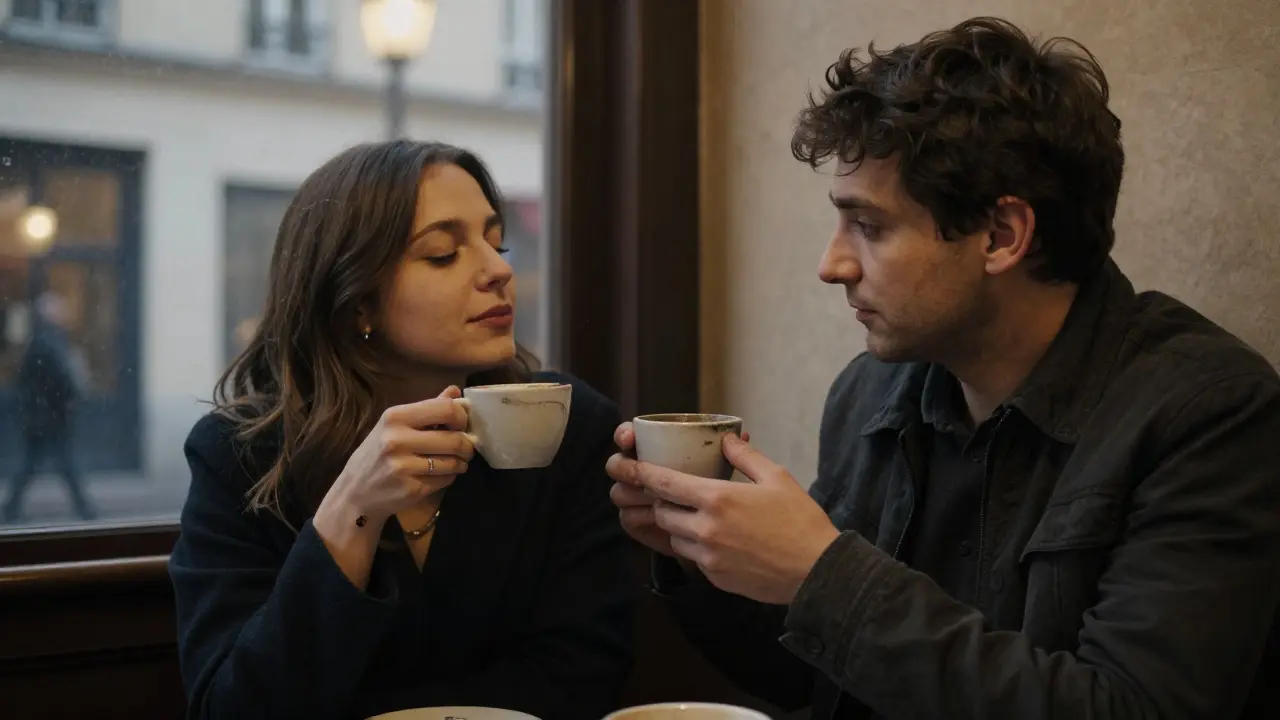 A woman sips wine in a Paris café, her hands visible as a man watches gently, no words needed.