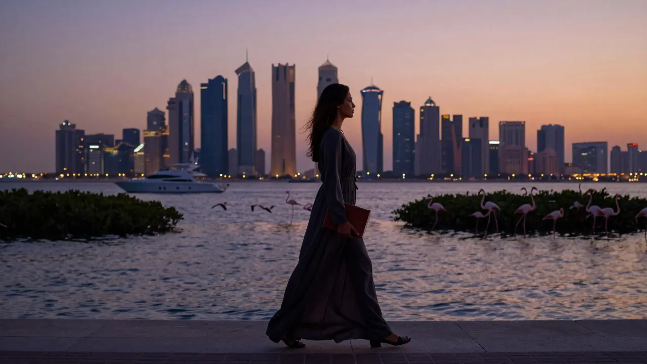 A woman walking alone along the Corniche at sunset, silhouetted against Abu Dhabi’s glowing skyline.