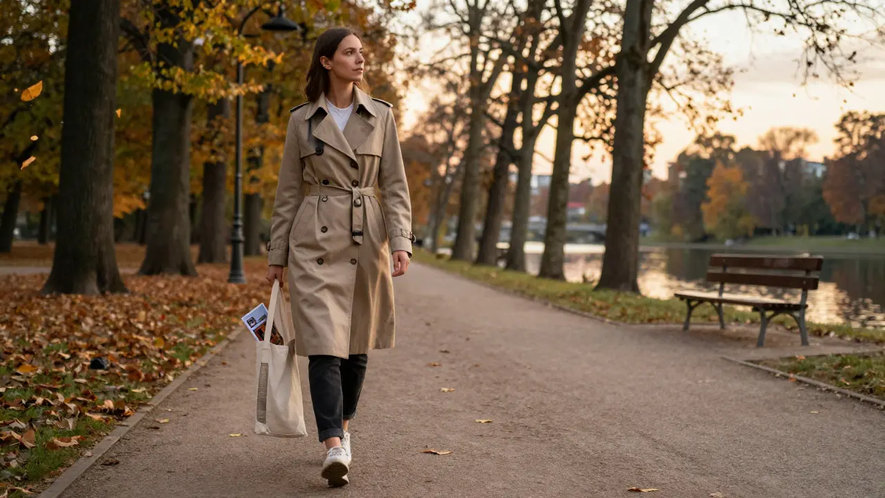 A woman walking alone through Tiergarten park at sunset, carrying a museum brochure, embodying calm professionalism.