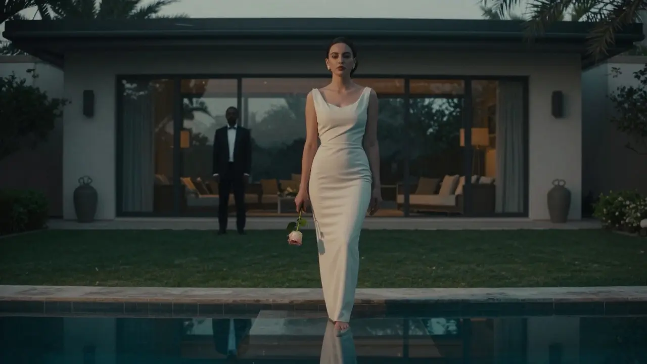 A woman walking through a private garden at twilight, holding a rose, with a distant man in silhouette.