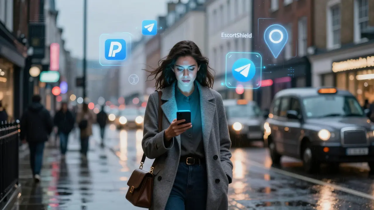 A woman walking through a rainy London street with floating digital icons representing security and payment apps above her.