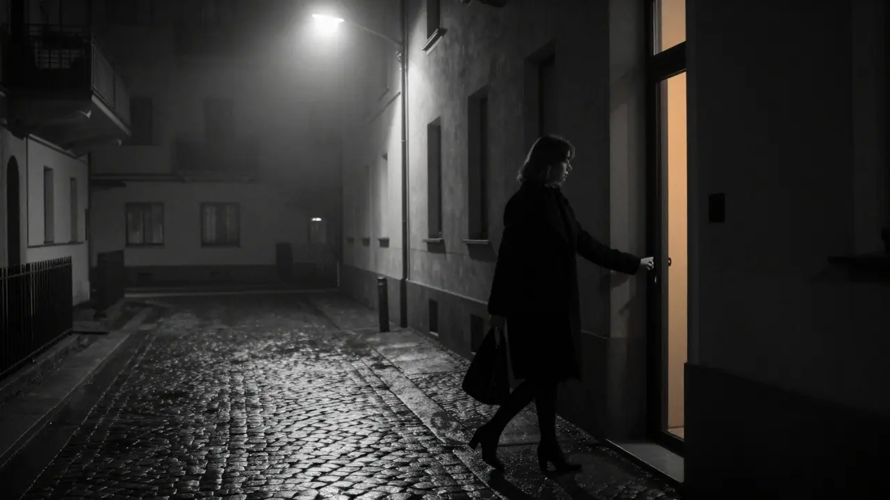 A woman walks a client to the door at night, both silhouetted in a single streetlamp’s glow on wet cobblestones.