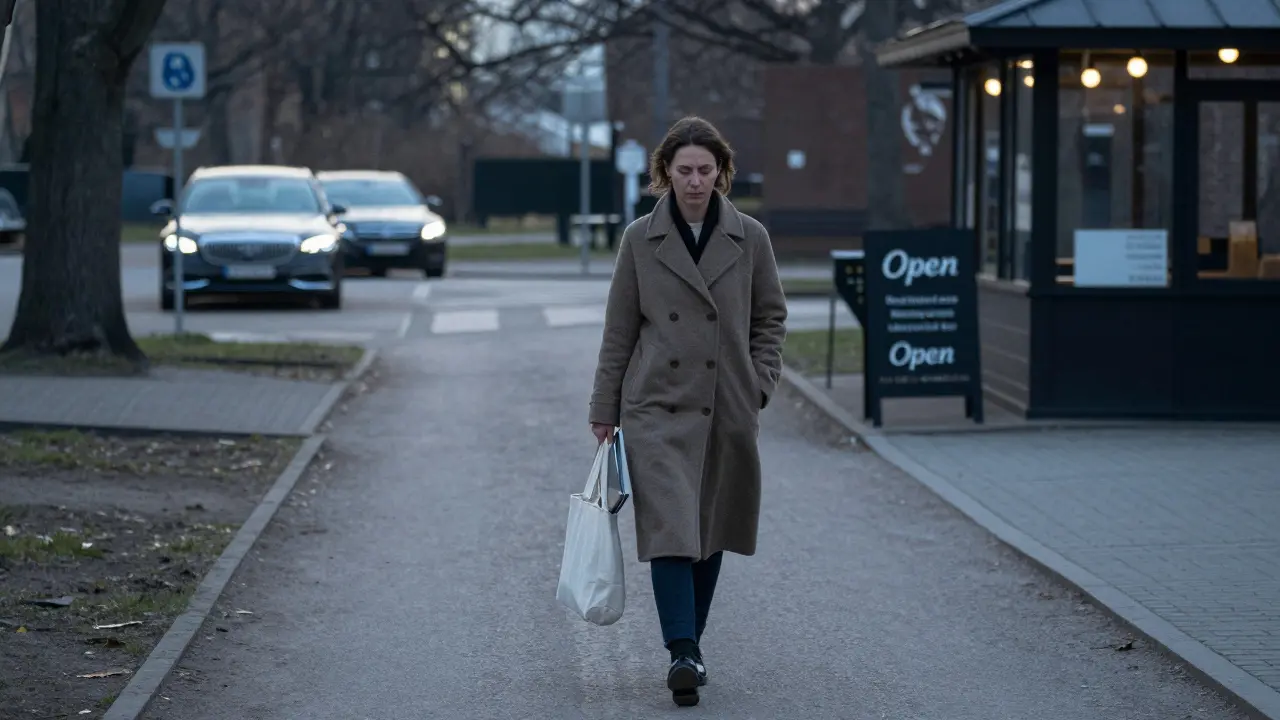 A woman walks alone through a misty Berlin park at dawn, carrying her laptop, leaving the luxury cars behind.