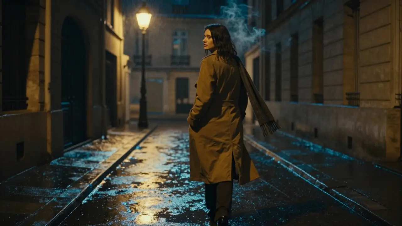 A woman walks away down a rainy Paris alley, glancing back once, her scarf trailing in the night air.