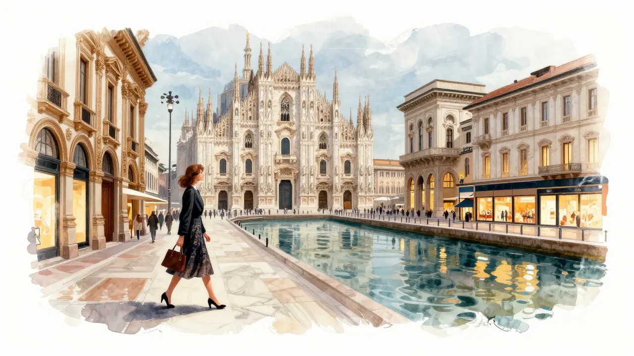 A woman walks through layered scenes of Milan, her path blending art, canals, and fashion into a watercolor cityscape.