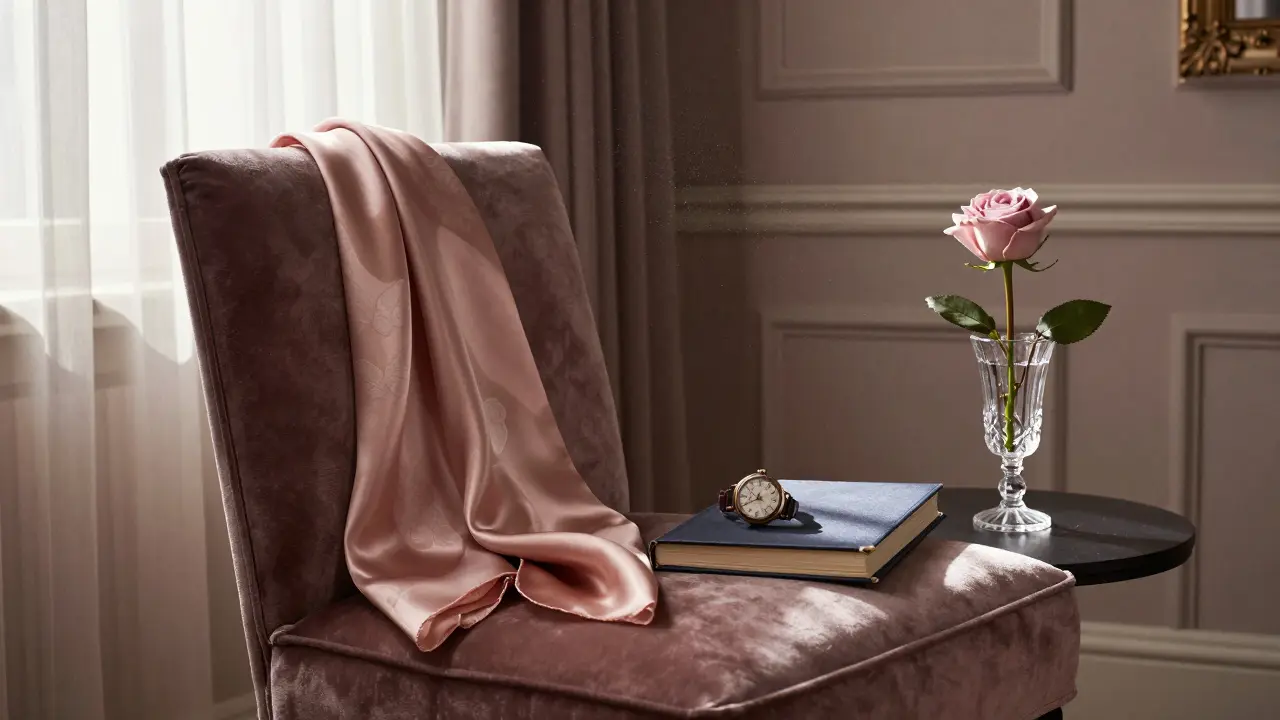 An elegant empty boudoir with a silk scarf, journal, and rose, bathed in soft morning light — evoking quiet dignity.