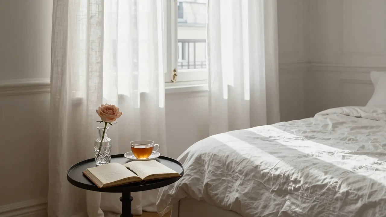 An empty Paris bedroom with a journal, rose, and tea—evidence of a meaningful, non-transactional connection.
