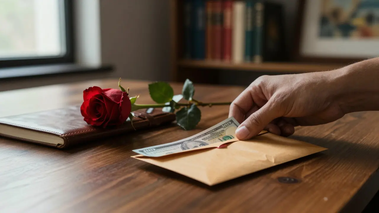 An envelope of cash and a rose on a wooden table, no faces, evoking privacy and mutual respect.