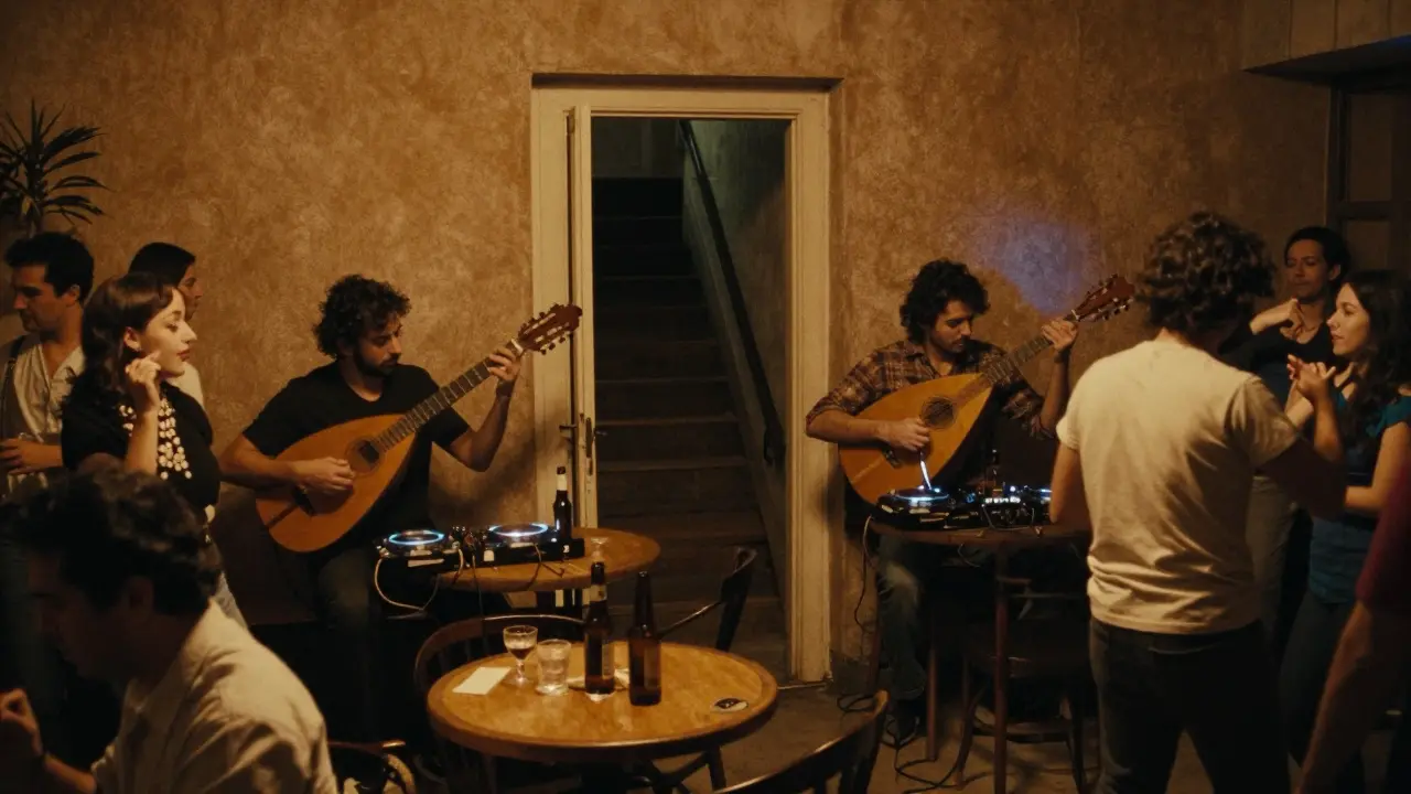 An intimate hidden club with live music and dancing locals, dimly lit, warm tones, and no signs—just rhythm and connection.