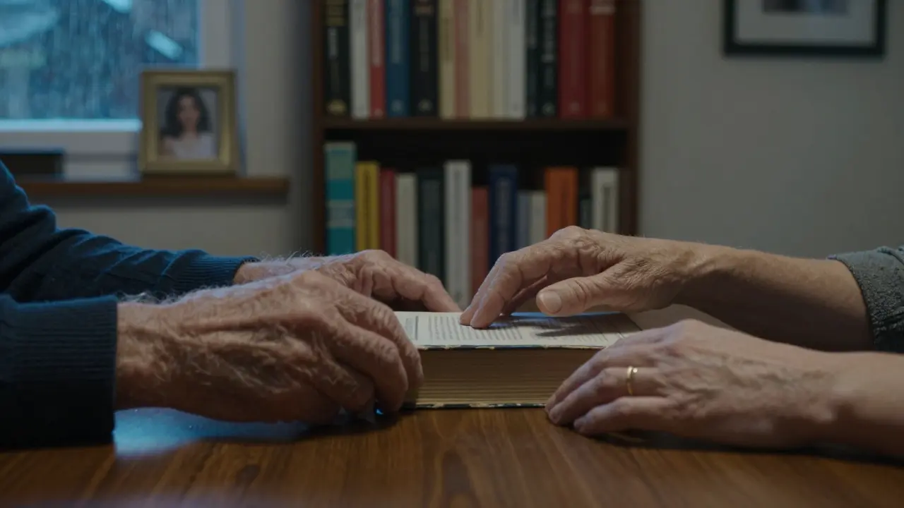 An older man places a book on a table while a woman’s hand rests nearby—no touch, just quiet presence.