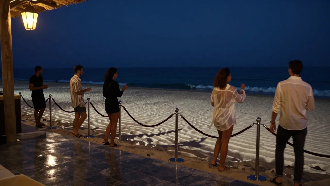 Beachfront club La Plage at midnight with silhouettes of guests and ambient ocean lighting.