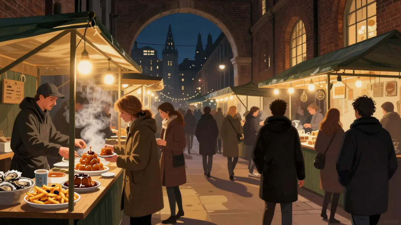 Borough Market at midnight with vendors serving warm pudding and truffle fries under glowing lights.