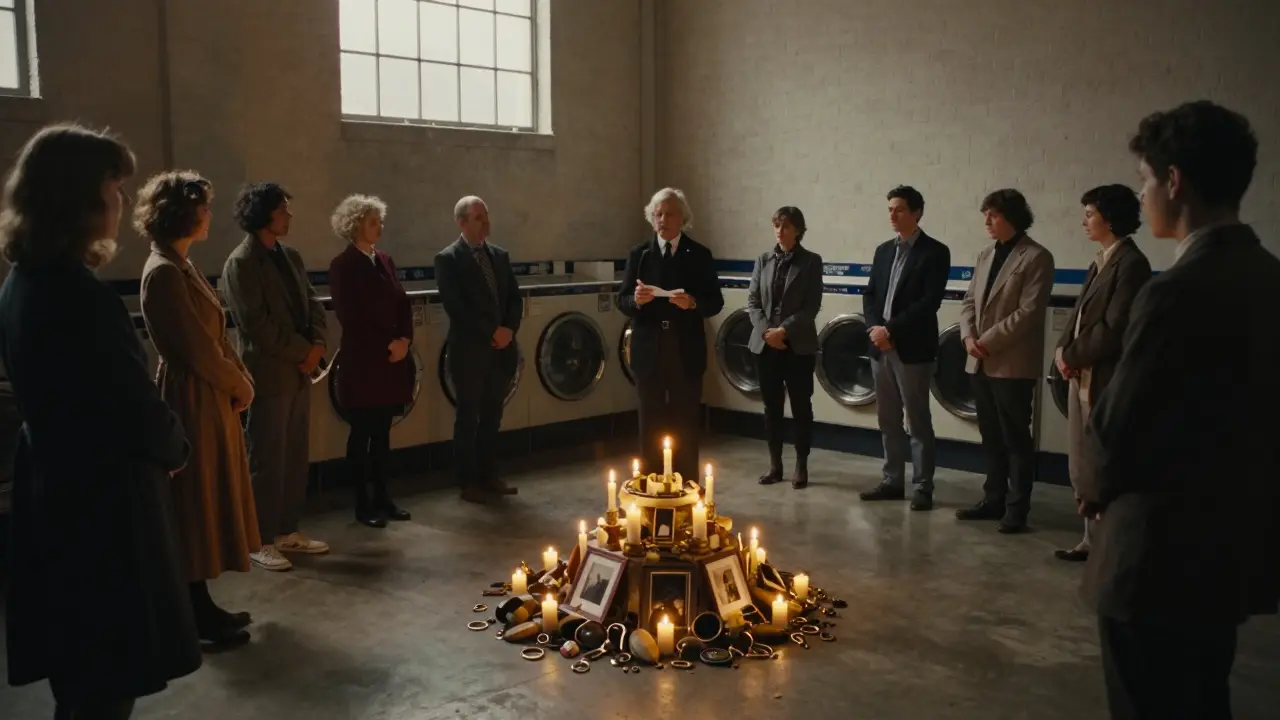 Candlelit personal objects form a sculpture in a converted laundromat as a poet reads to a silent standing audience.