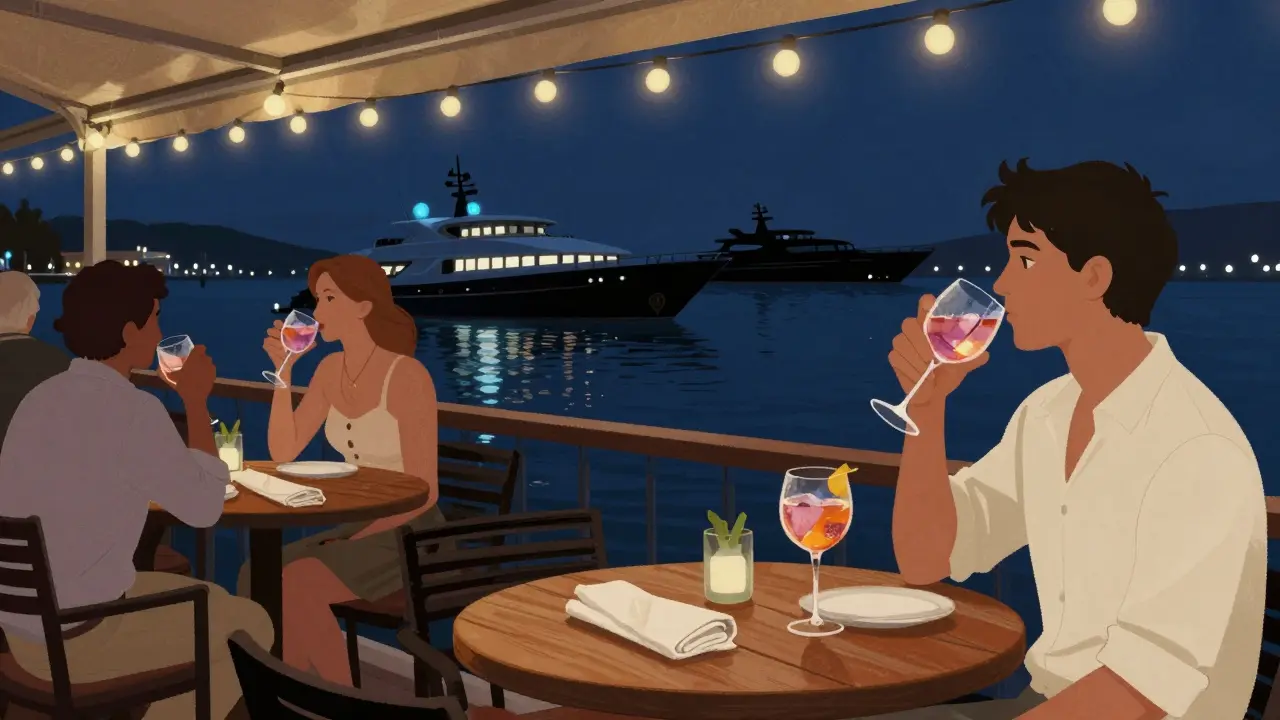 Couples enjoy drinks at a cozy waterfront bar with string lights and glowing yachts in the background.
