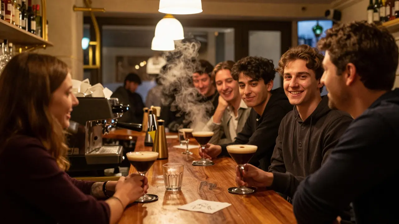Cozy bar at night with diverse patrons sharing drinks under warm lights, steam rising from coffee cups.