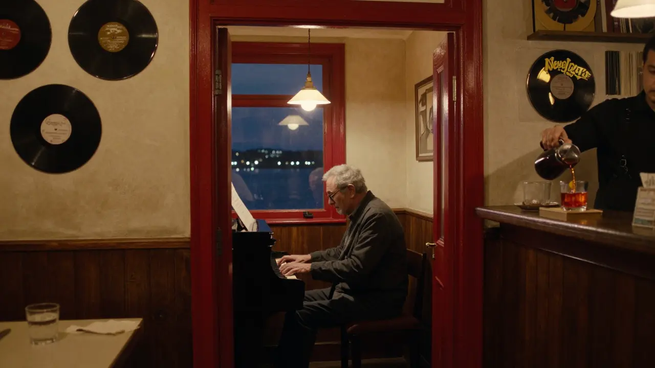 Cozy hidden bar with a pianist playing at night, wooden booths, and warm ambient lighting.