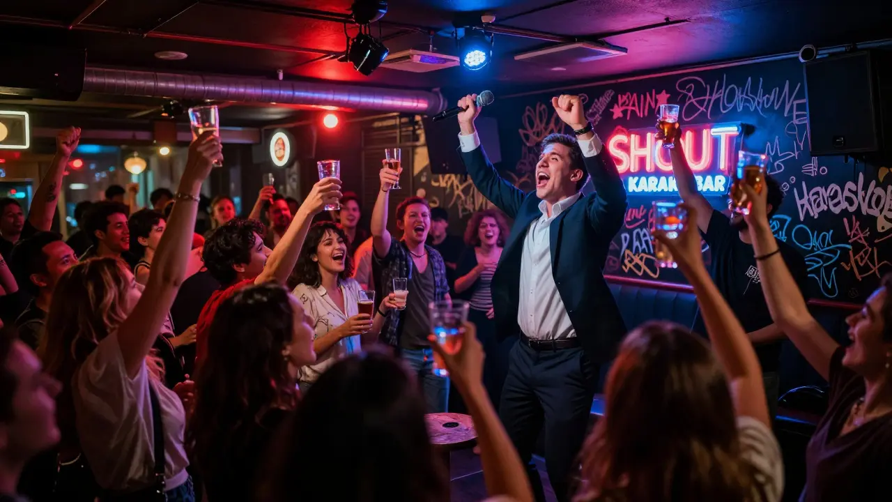 Crowd cheering as someone performs Queen on stage in a neon-lit karaoke bar.