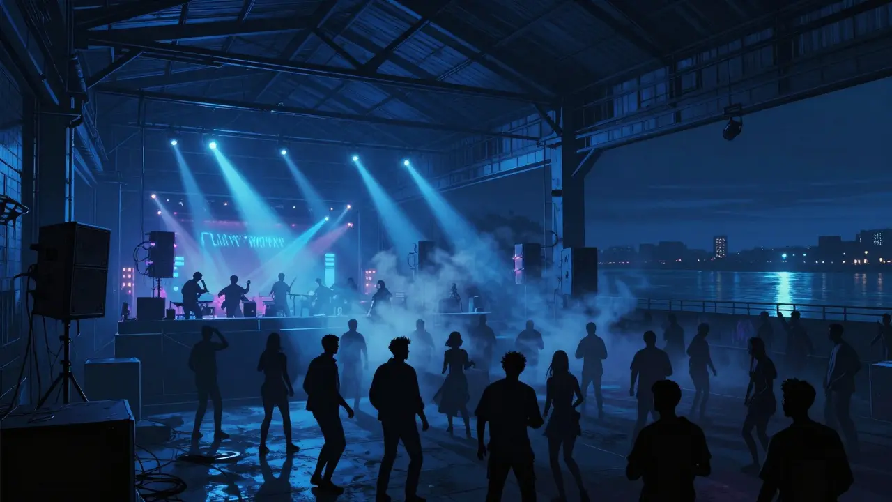 Crowd dancing in a massive industrial warehouse club under pulsing neon lights and bass vibrations.