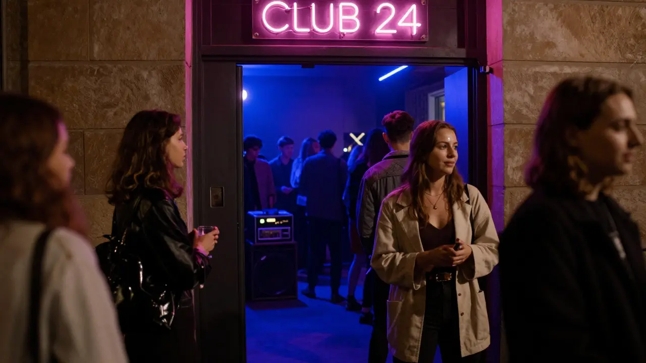 Crowd waiting outside Club 24 in Porta Venezia, 2 a.m. dance floor glowing