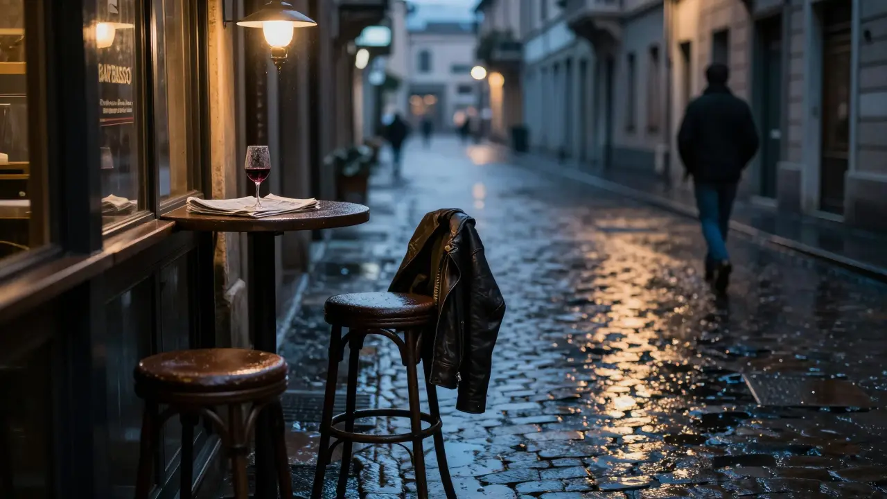 Empty bar stool at 3 a.m. outside Bar Basso with a half-finished glass of wine.