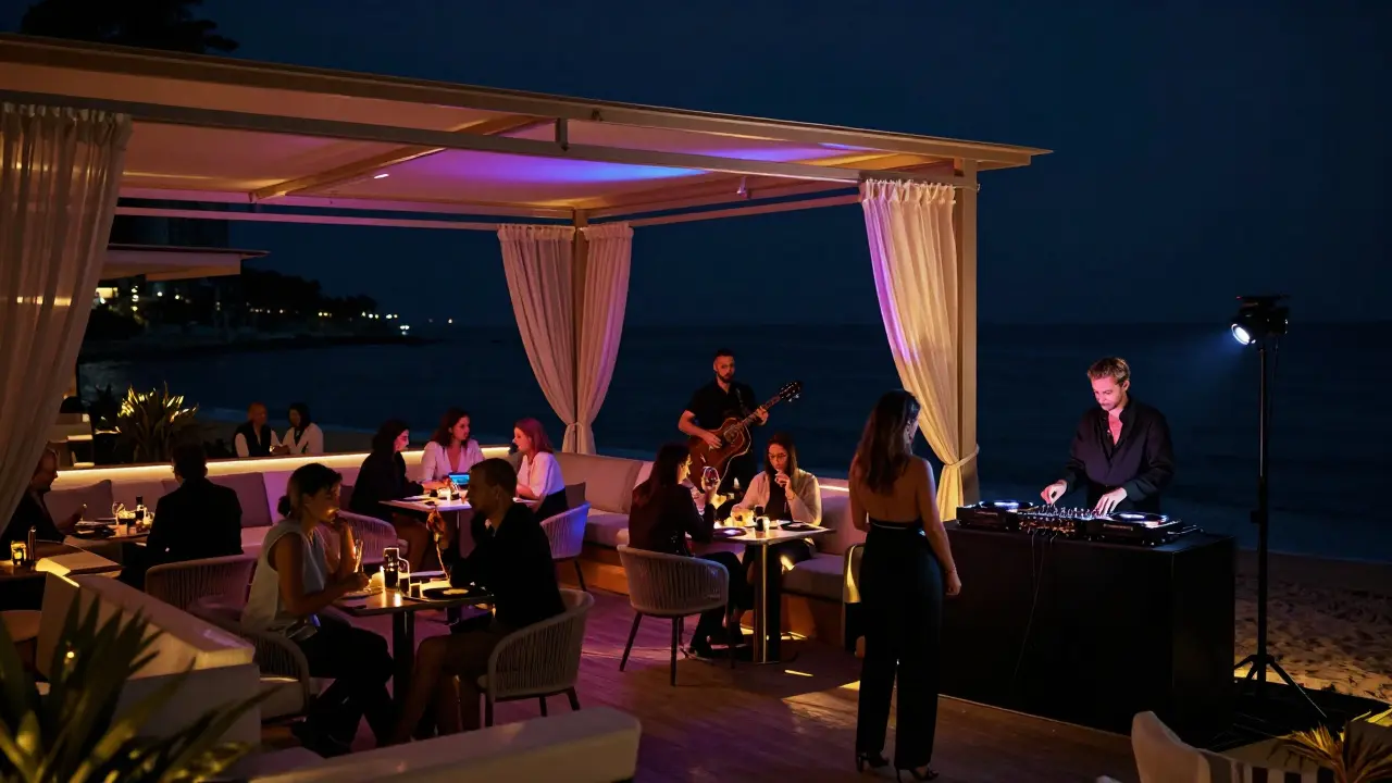 Exclusive beachside club with live music, dim lighting, and stylish patrons in sophisticated attire.