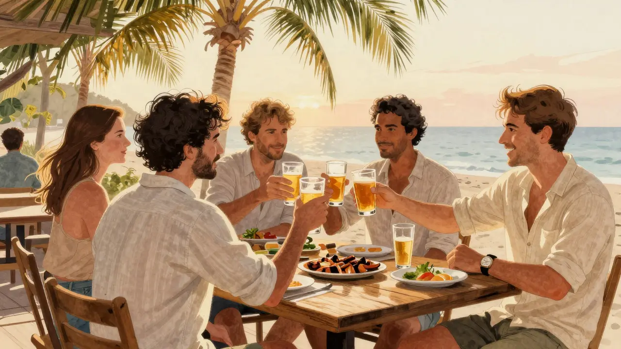 Friends laughing over local beers on a wooden deck at Barasti at golden hour, palm trees and beach in the distance.