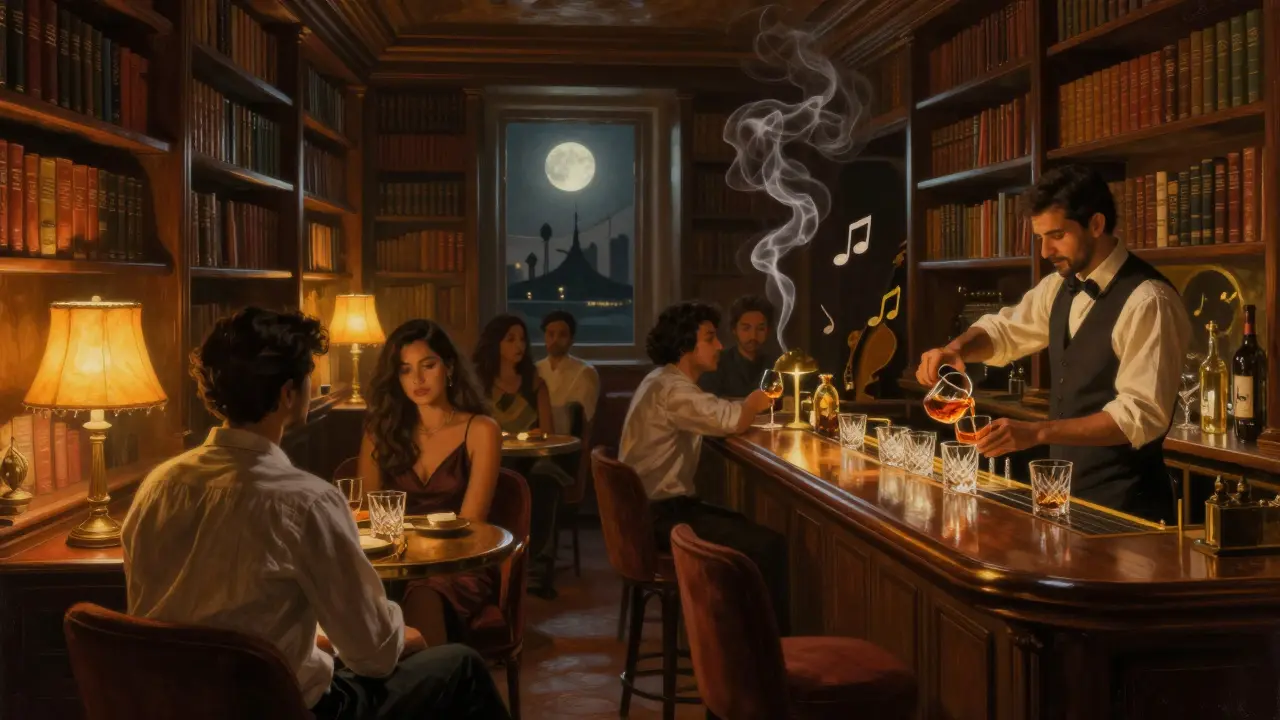 Hidden lounge with bookshelves and warm lighting, patrons in elegant attire sipping drinks in quiet conversation.