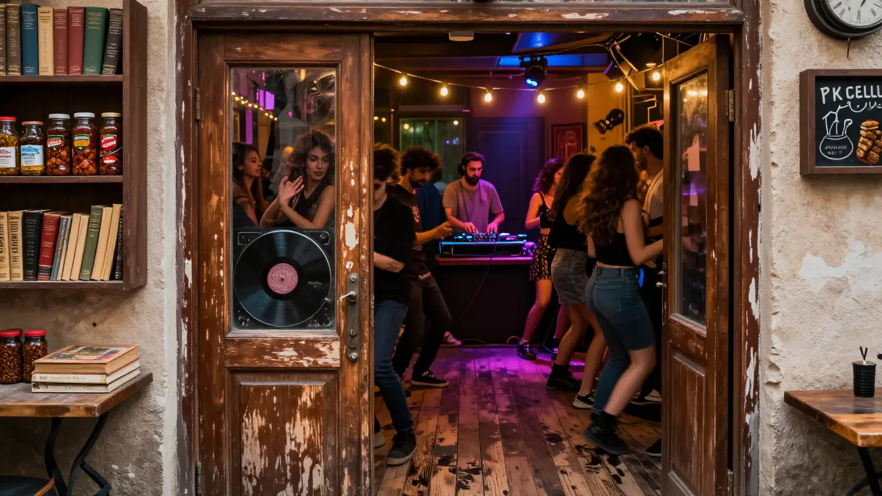 Hidden nightclub behind a falafel stand, with dancers under string lights and vinyl spinning.