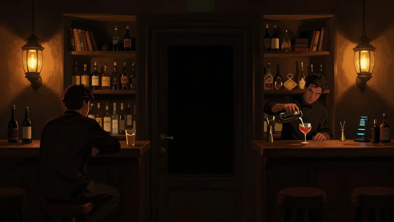Hidden speakeasy bar with warm lighting, bottles, and books, a bartender pouring a cocktail behind a wooden counter in a quiet, intimate setting.