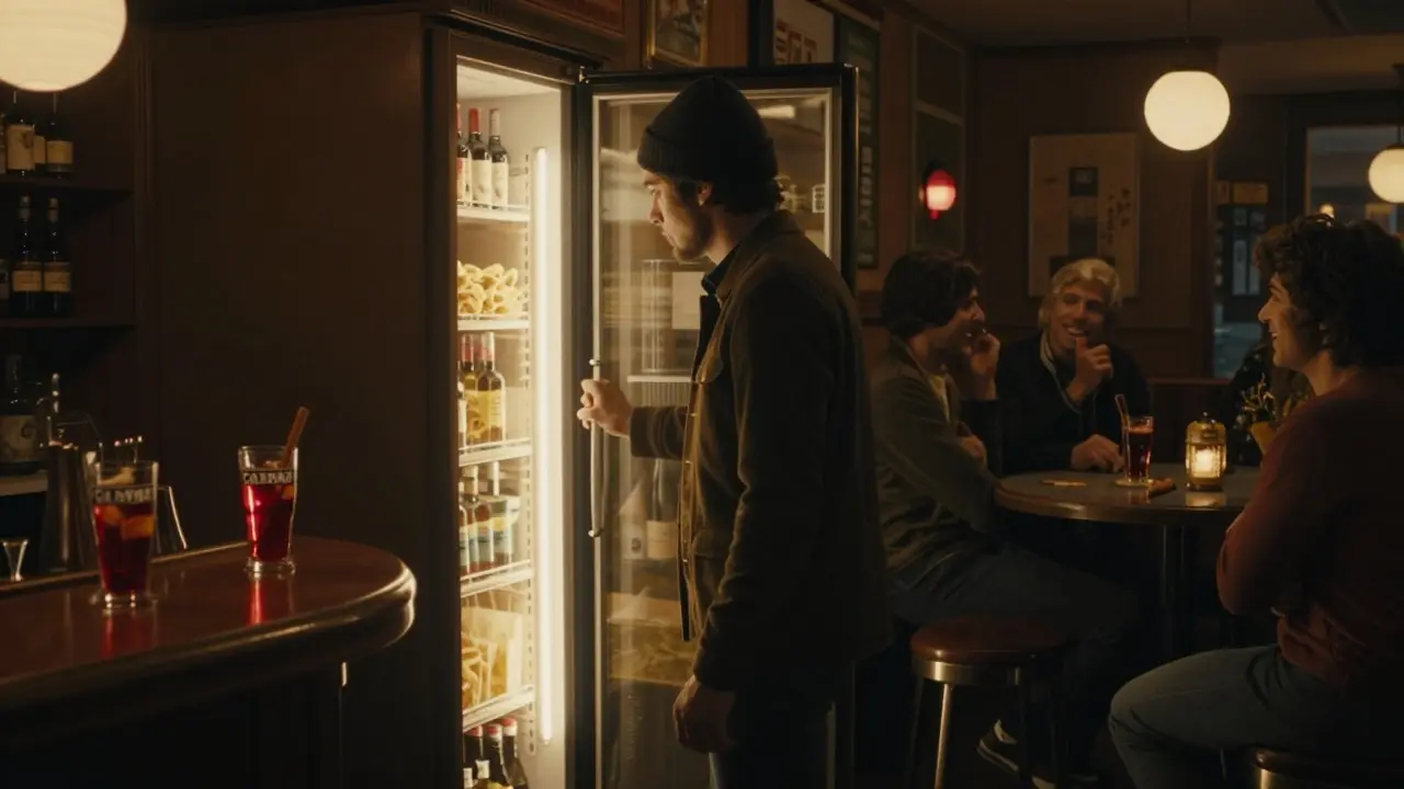 Hidden speakeasy behind a fridge door in Isola with warm light and cocktail glasses.