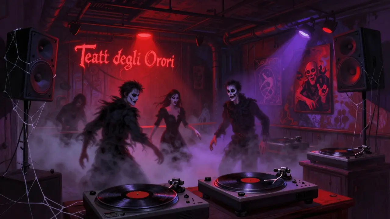 Horror-themed club interior with fog, vampire dancers, and industrial art installations.