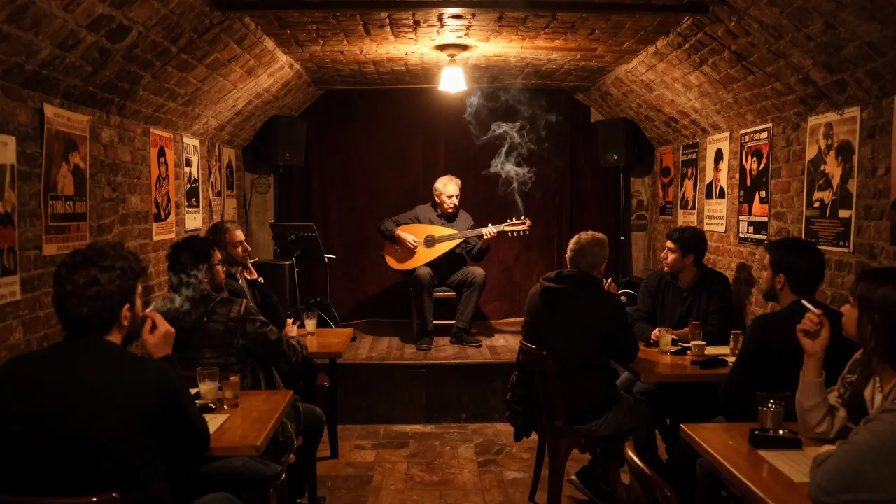 Intimate basement jazz club with an oud musician playing under a single lamp, patrons in quiet contemplation.