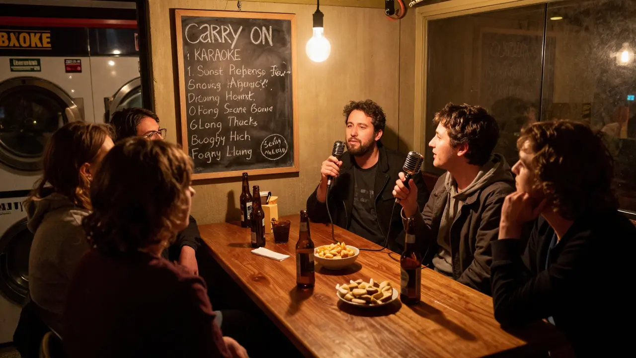 Intimate group singing in a hidden karaoke spot with warm lighting and handwritten song list.