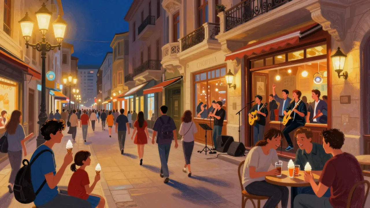 İstiklal Avenue at midnight filled with people, music, and historic buildings under warm lights.