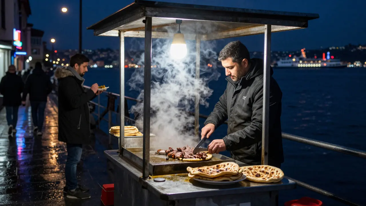 Late-night kebab cart in Kadıköy serving food under a dim bulb, steam rising into the cool night air.
