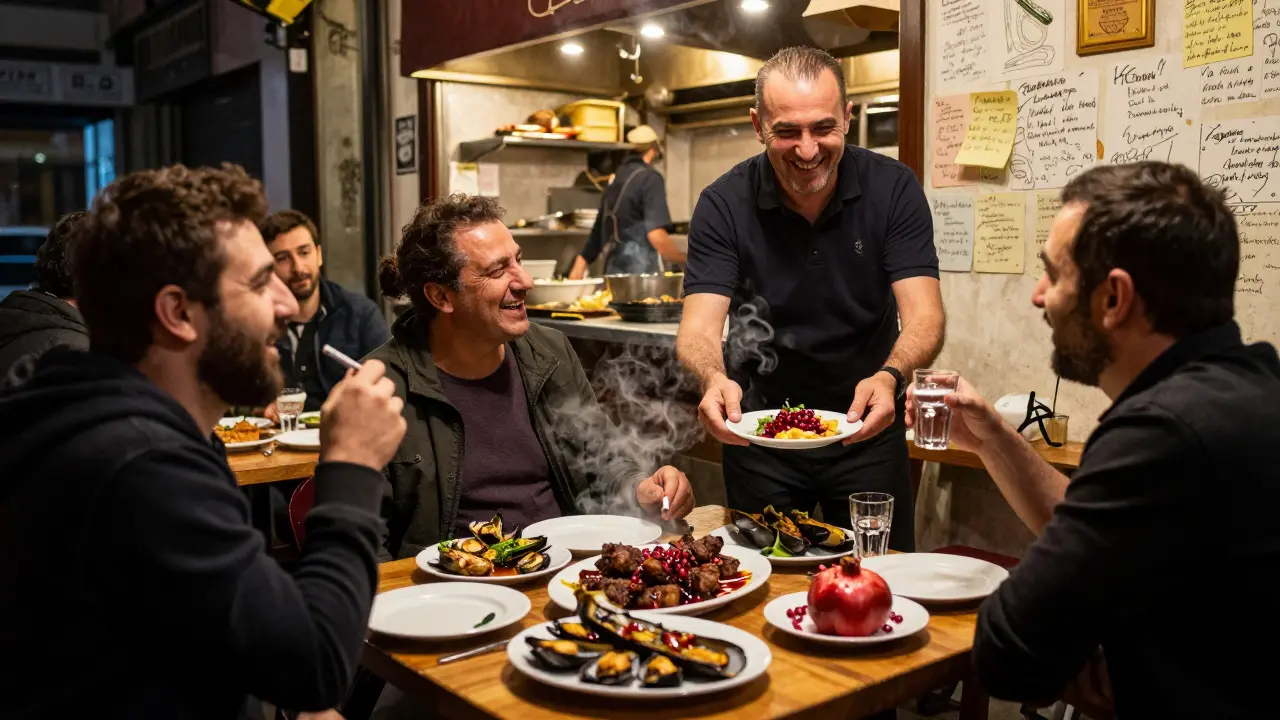 Late-night meze feast in Kadıköy with locals eating, laughing, and sharing food under warm lights.