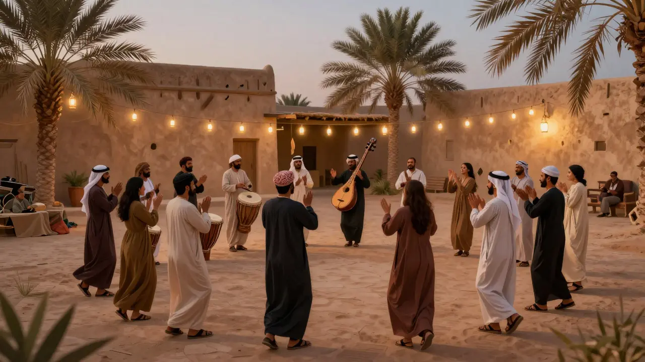 Locals dance in a circle to traditional Gulf folk music under lanterns in a heritage village.