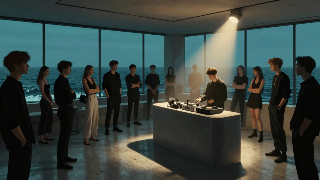 Minimalist nightclub with soft lighting and quiet crowd moving to deep house beats.