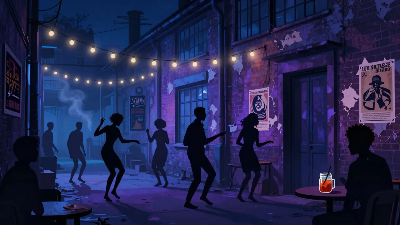 People dancing in a warehouse club with neon lights and mason jars, Afro-funk music filling the air, no signage, raw industrial vibe.