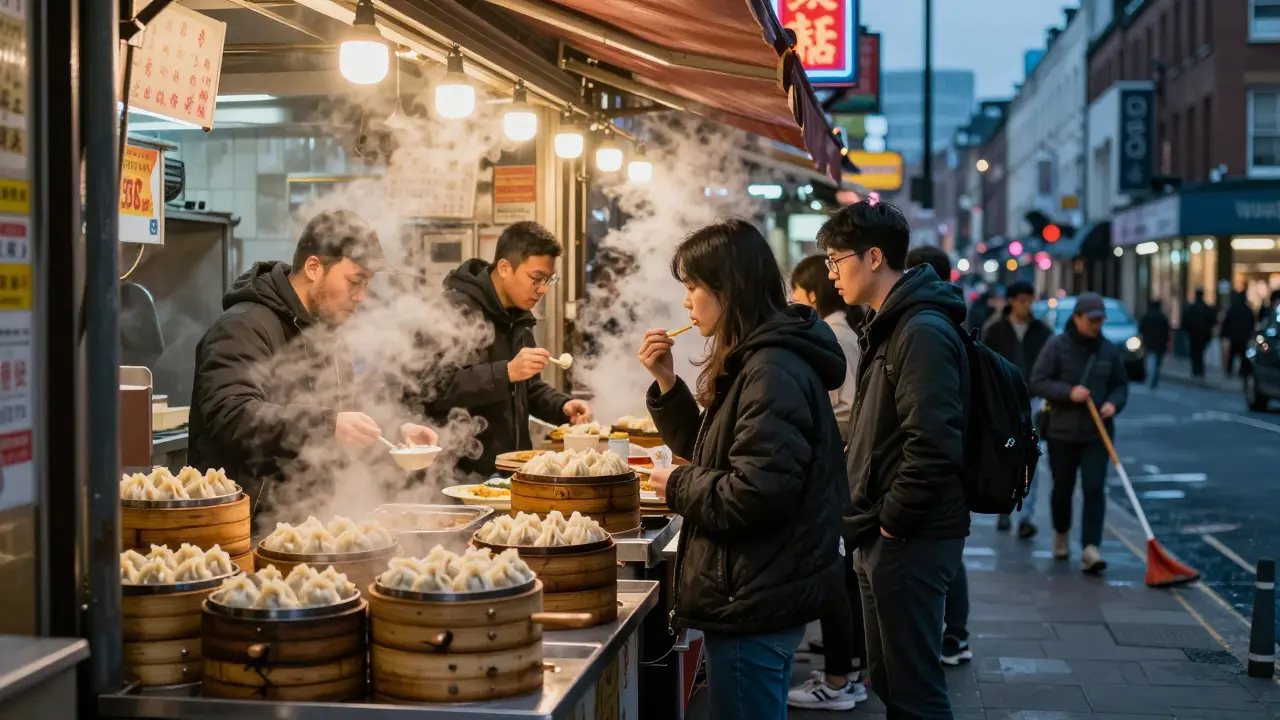 People eating steaming dumplings at a late-night street stall under neon lights in East London.