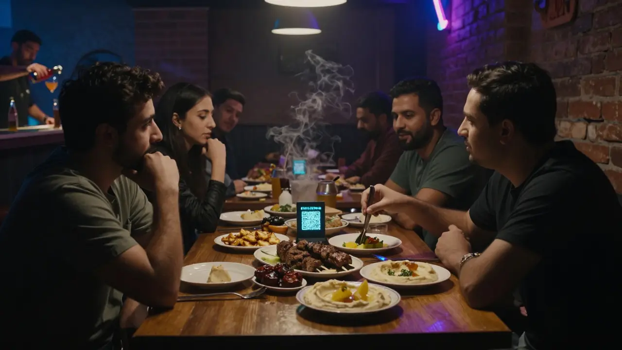 People sharing Arabic mezze platters in a dimly lit Al Quoz lounge with a QR code on the table and neon-lit bartender in background.