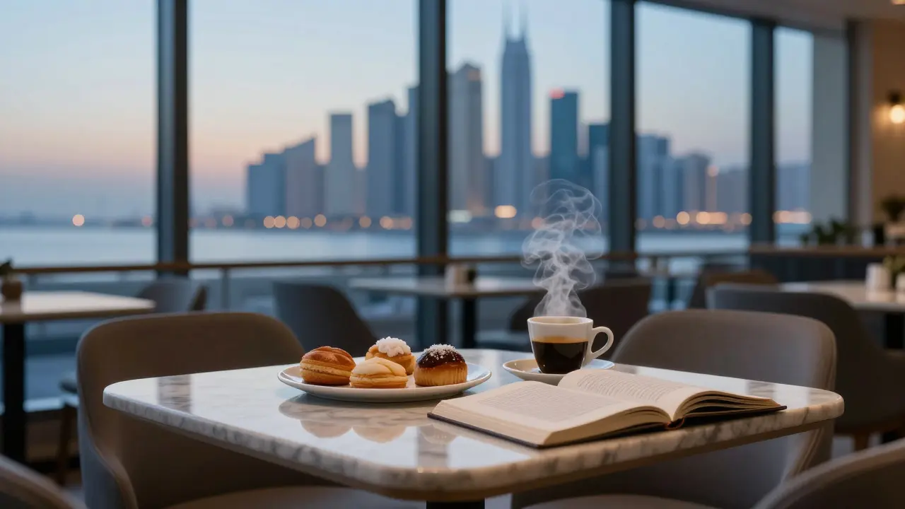 Quiet 24-hour café at dawn with espresso cups and pastries, empty chairs facing sunrise-lit windows in a serene, contemplative scene.