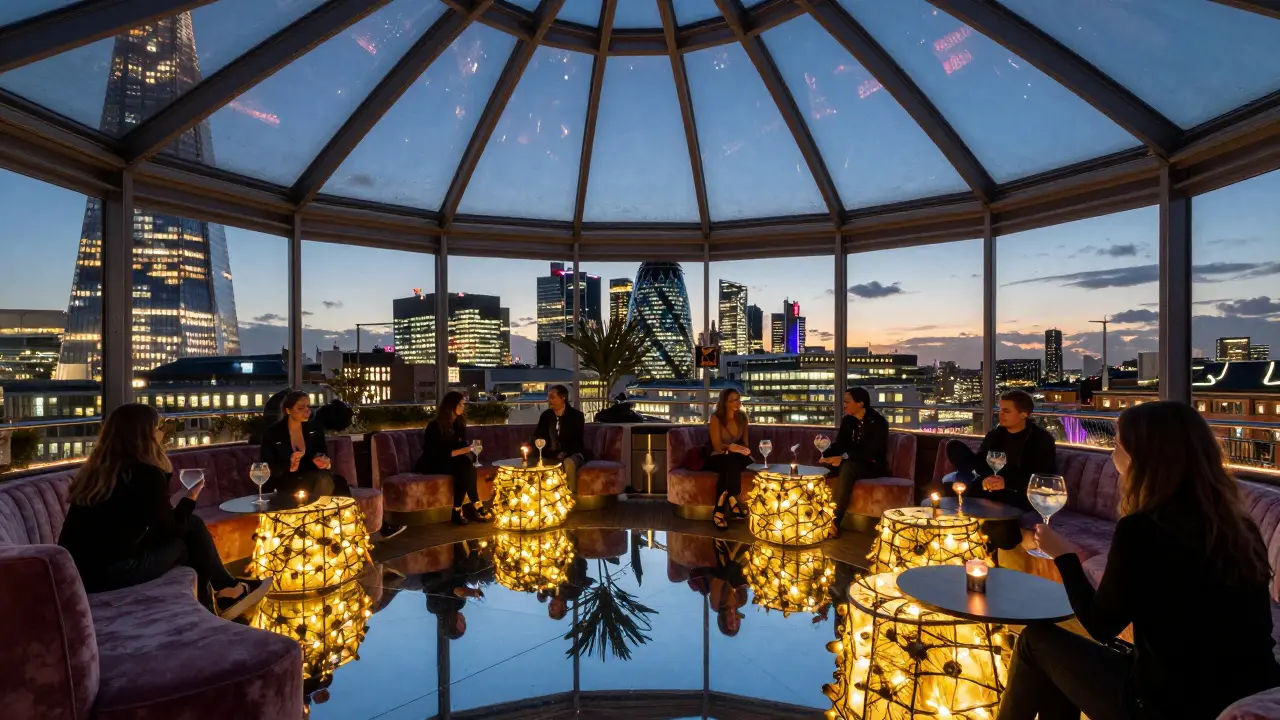 Rooftop bar at dusk with city skyline behind, mirrored floor reflecting neon lights and velvet seating.