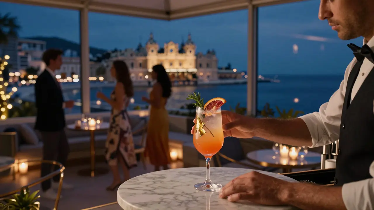 Rooftop lounge Opaline at night with a golden cocktail and sea view under soft lights.