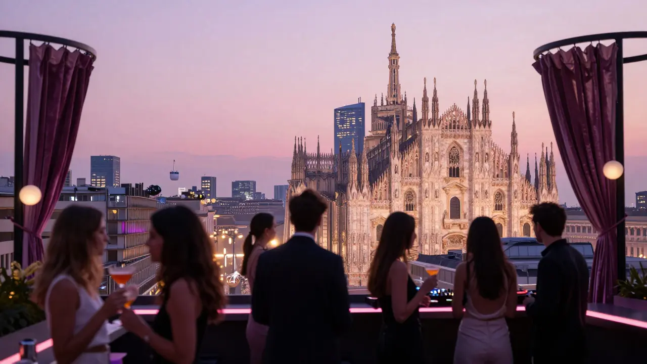 Rooftop party in Milan with skyline views at sunrise, guests in elegant attire.