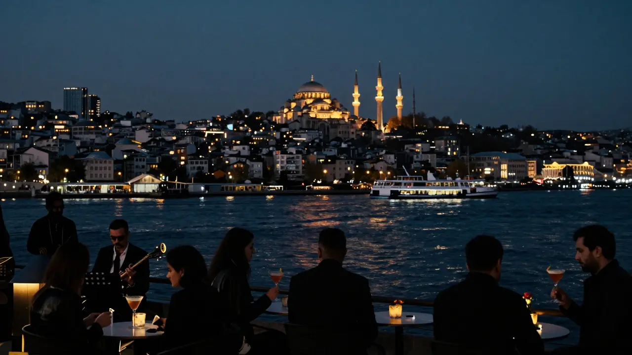 Rooftop view of Istanbul’s skyline at night with jazz music and ferry lights on the Bosphorus.