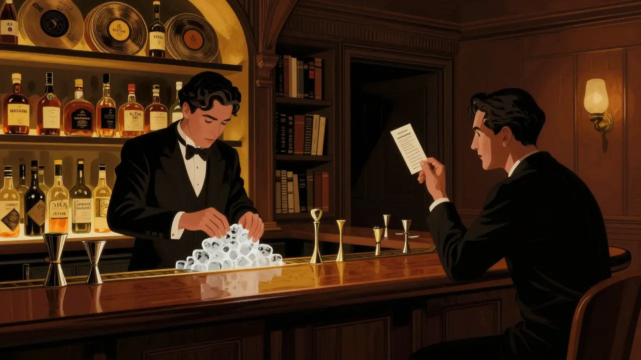 Secret speakeasy lounge with bartender crafting cocktails in dim, moody jazz-era ambiance.