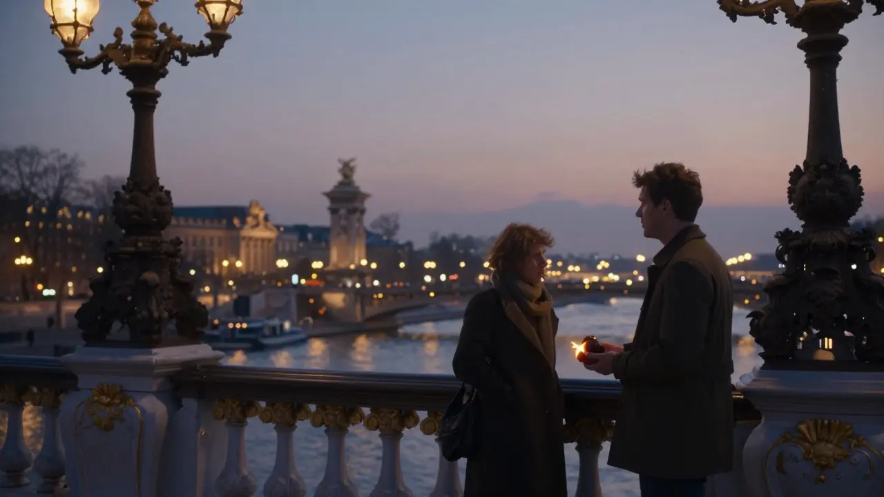 Silent figures on Pont Alexandre III bridge at dusk, Seine reflecting city lights, chestnut in hand.