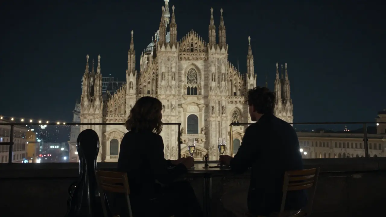Silhouettes on a rooftop terrace enjoy Prosecco as the Duomo glows golden in the night sky.